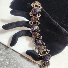 Vintage Purple Cabochon Ornate Link Bracelet Silver Tone Victorian Style 6.25 in