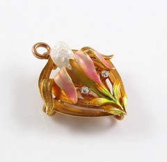 14k Gold Krementz Enamel Diamond Pearl Brooch Watch Pin Pendant