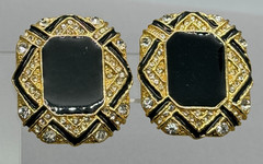 Vintage Gold Tone Black Enamel Center Clear Rhinestone Panel Design Clip On