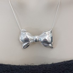 Vintage Sterling Silver Bow Necklace Brooch Puffy Tie Modernist 80s Israel Bold
