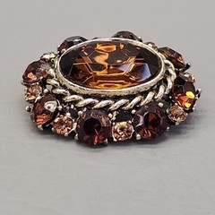 Vtg Rhinestone Brooch Gold Tone Oval Brown Glass Orange Domed Pin 1.75 in