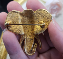 Vintage Elephant Brooch Pin Brushed Gold Tone Enamel Tusks Signed Animal Figural