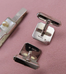 Caribe Sterling Silver Vintage Cufflinks Tie Bar Set White Pearl Cuff Links 252h