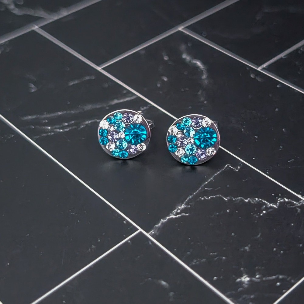 Vintage Clip On Earrings Silver Tone with Blue, Clear and Purple Gems 0.5″