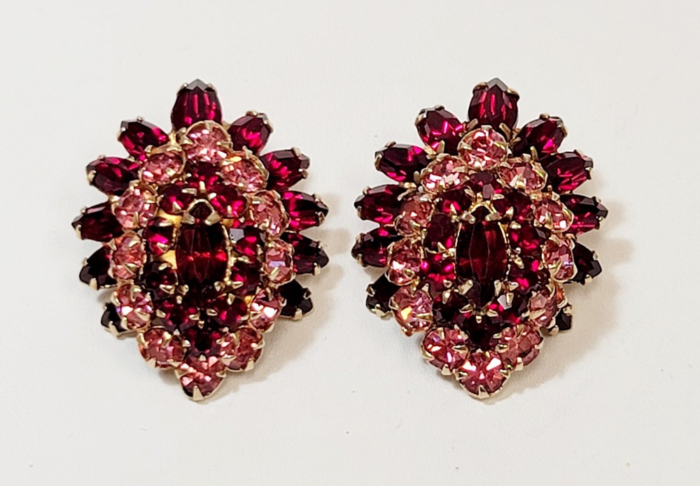Vintage Pink Red Rhinestone Layered Schreiner Style Earrings