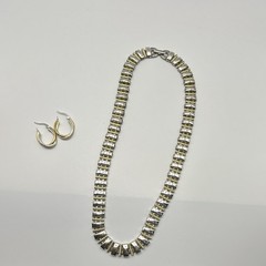 Vintage Two Tone Gold Silver Link Collar Necklace & Twisted Hoop Earrings