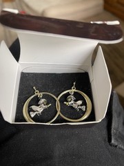 Vintage 2008 Avon Flying Witch on Broom Halloween Earrings Dangle Hoops w/ Box