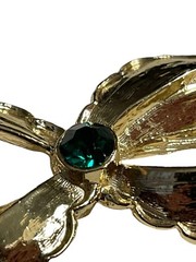Gerry’s Bow Brooch Pin Green Rhinestone Gold Tone Tied Ribbon Vintage Dainty