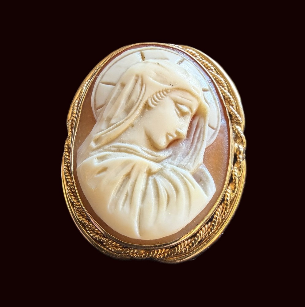 Vintage 14K Gold Shell Cameo Brooch Pendant Virgin Mary Religious 28.5mm, 4.7g