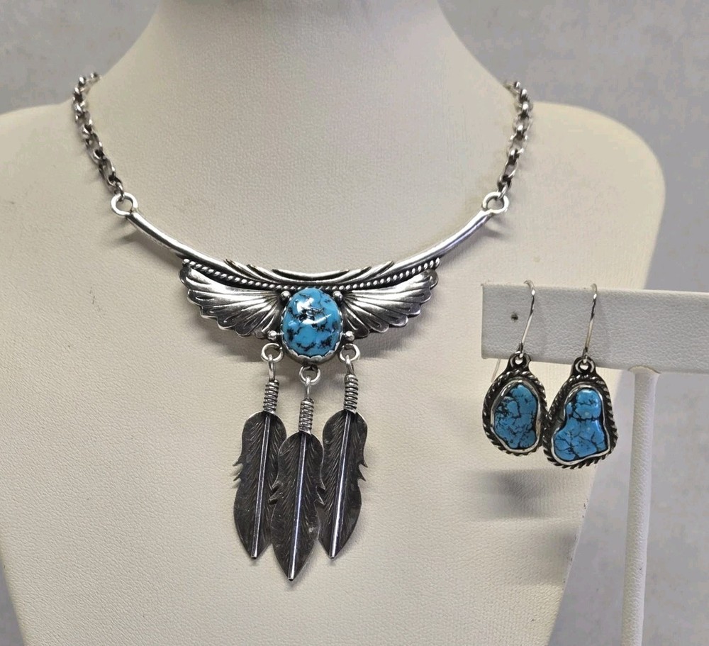 Vintage Sterling Silver Turquoise Feather Choker Necklace & Earrings Signed KB