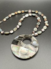 Vintage Mother Of Pearl & Abalone Coin Necklace With Large Shell Pendant