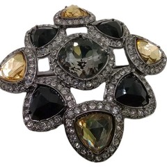 Vintage Style Premiere Design Brooch Black Topaz Glass Art Deco Pin 2 1/2 in D