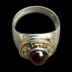 Sz 9 VTG Chateau d’Argent 14k & 925 Greek Key Red Cabochon Signet Ring 8.25g TW
