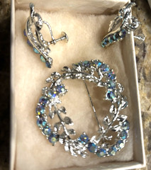 Vintage Silver tone Aurora Blue Clip Earrings Brooch Pin Leaf Wedding Gift