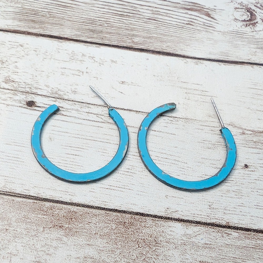 Vintage Earrings For Pierced Ears Light Bright Blue Hoops – Paint Chips/Tarnish
