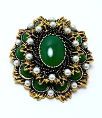 Gold Tone Faux Pearls & Cabochon Acrylic Stones Brooch Contemporary