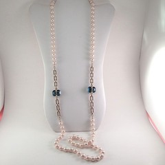 Vtg Faux Pearl Emerald Cut Blue Glass Necklace Knotted Strand 45″ Long 9.8mm