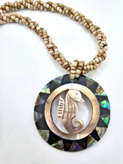 Inlaid carved Seahorse & Abalone Necklace on twisted strand beads
