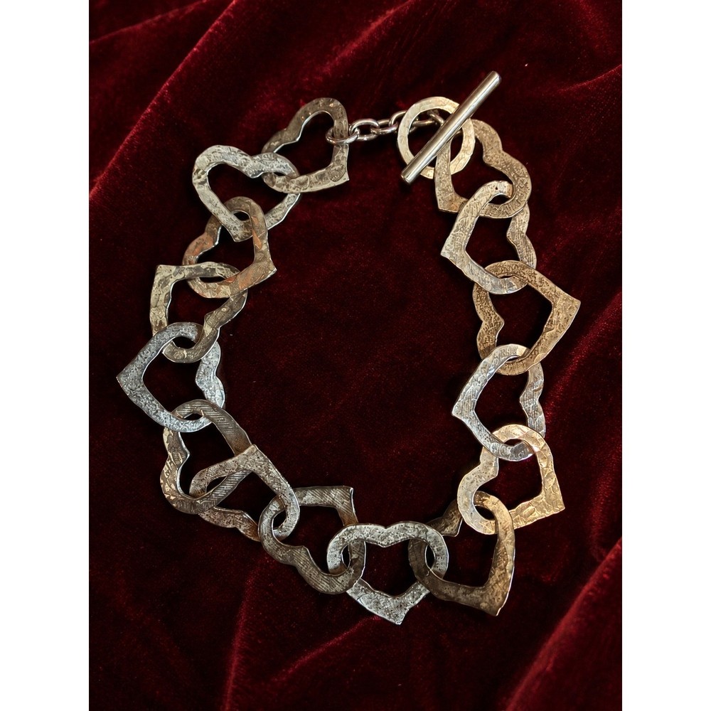 Sterling Silver Hammered Heart Link Bracelet