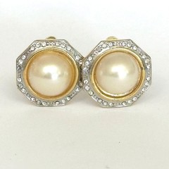 Vintage Faux Pearl Rhinestone Clip On Earrings Silver Tone Octagon Wedding Glam