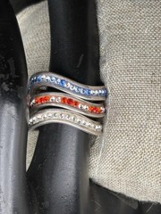 Vintage Sterling Silver Ring stackable Rhinestone Red White Blue USA July Sz 7