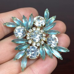 MCM Light Aqua Blue Glass Faceted Prism Rhinestones Pin Brooch 2.5” Goldtone Vtg