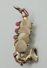Vintage Saxophone Brooch Pink Enamel Mother of Pearl Keys Gold Tone Pin Brooch