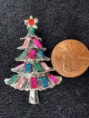 Rhinestone Christmas Tree Brooch Pink Green Blue Retro Holiday Pin