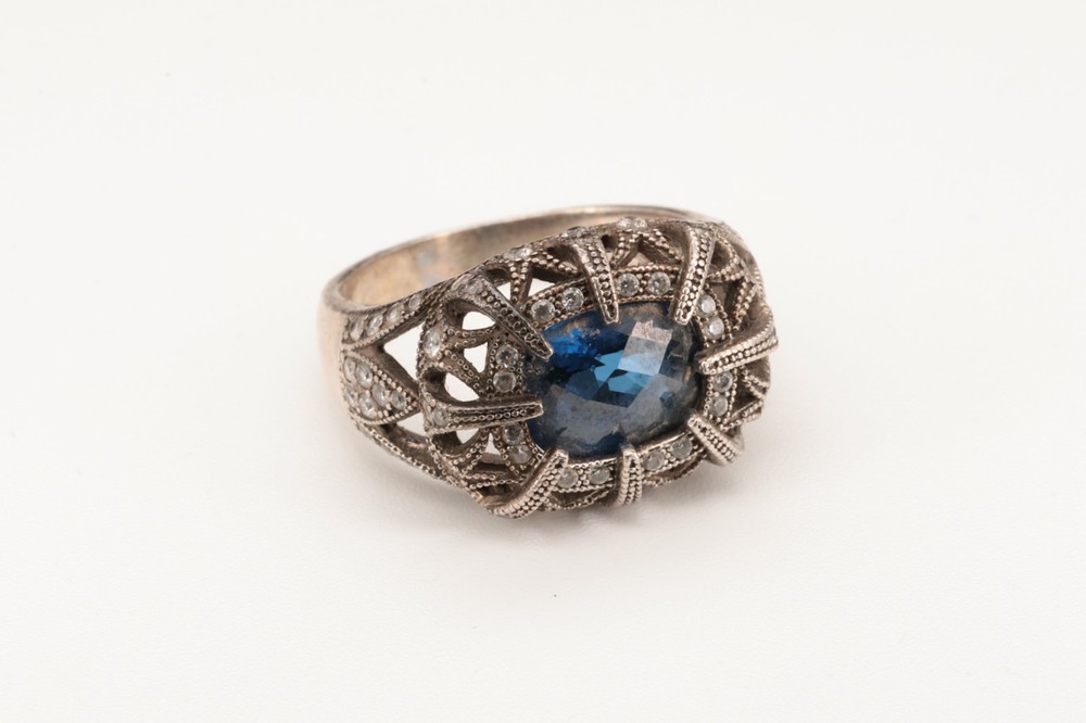 Marked ZATOS 925 Sterling Silver London Blue Topaz Antique Style Ring Size 9