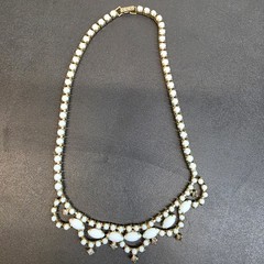 Vintage 16″ Milk Glass Rhinestone Bib Necklace White Gold