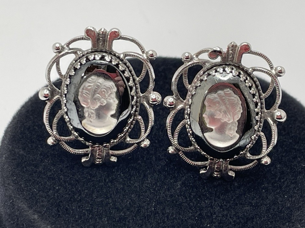 Vintage Whiting & Davis Silver Hematite Cameo Clip EARRINGS Filigree Signed