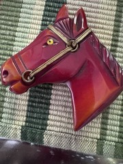Vintage Carved Red Bakelite Horse Head Brooch Simichrome Tested