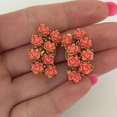 Vintage Faux Coral Carved Celluloid Rose Flower Climber Clip On Earrings 1″