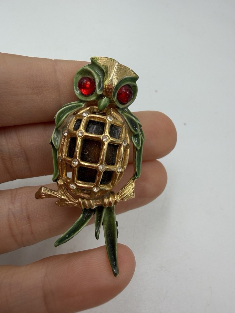 Vintage Brooch Owl Bird Enamel Rhinestone SIgned CFW AS IS REPAIR NEEDED