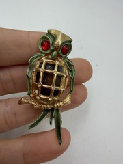 Vintage Brooch Owl Bird Enamel Rhinestone SIgned CFW AS IS REPAIR NEEDED