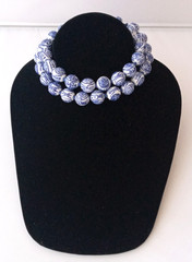 Vtg. Chinese Porcelain Blue White SHOU Longevity Bead Necklace Gold Tone Clasp