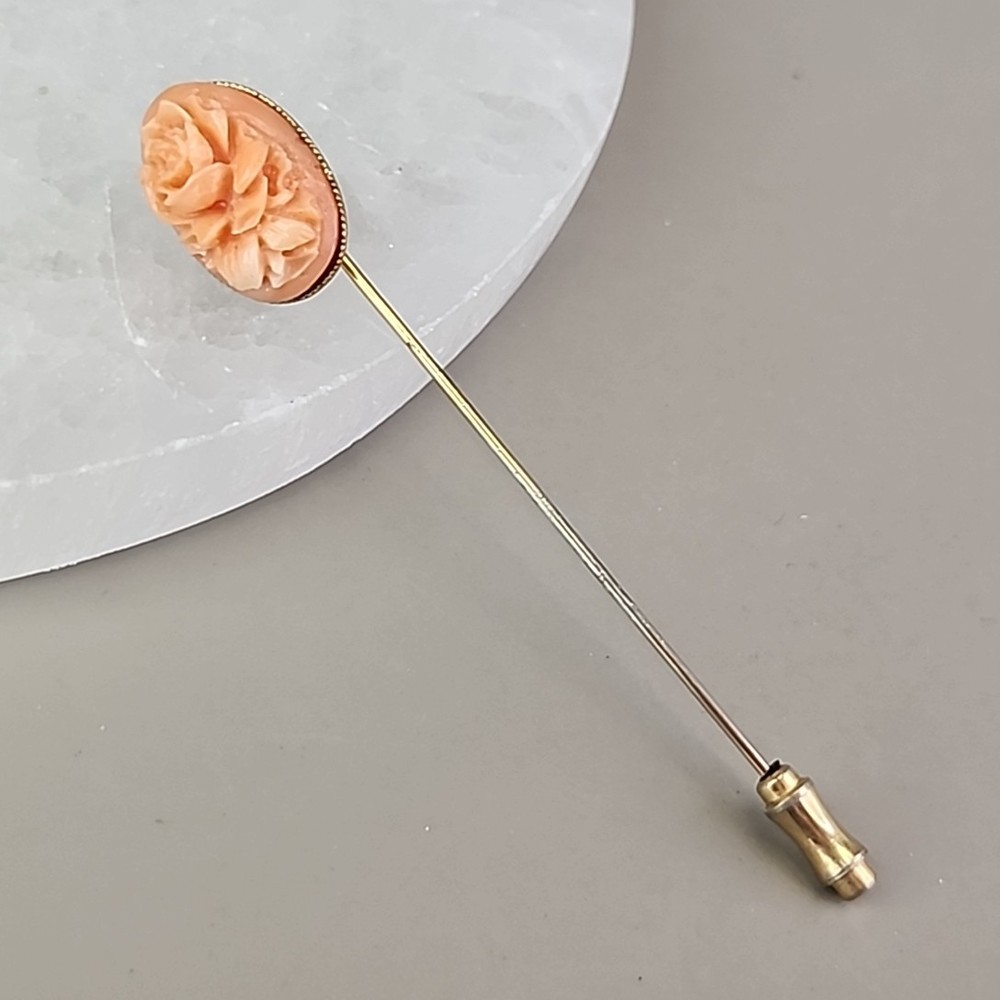 Vintage Rose Carved Stick Pin Peach Acrylic Gold Tone 2.75″