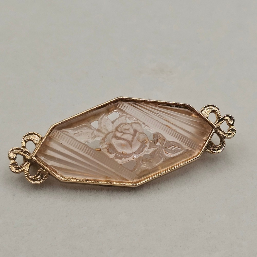 Art Deco Revival Frosted Molded Glass Brooch Blush Floral Rose Bar Pin 2″