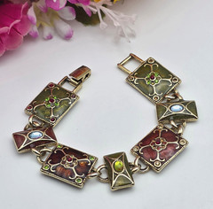 Vintage Worthington Enamel Crystal Link Bracelet Gold Tone Floral Gothic 6.75 In