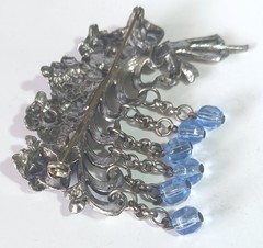 Vintage Pot Metal Floral Spray Brooch w/ Blue Rhinestones & Blue Dangling Beads