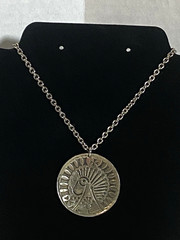 Vintage Long Cross ,Silver Alloy, Coin Medallion Necklace Chain