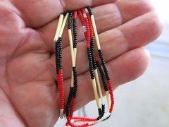 Necklace Red Gray Black 2mm Beads with Porcupine Quills 26 inch [1919]