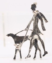 Pet Friends Rhinestone Enamel Brooch Silver Tone Woman Walking Dog Art Deco FREE