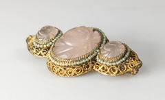 Antique Chinese Gilt Silver Filigree Brooch Pin with Rose Quartz Cabochons