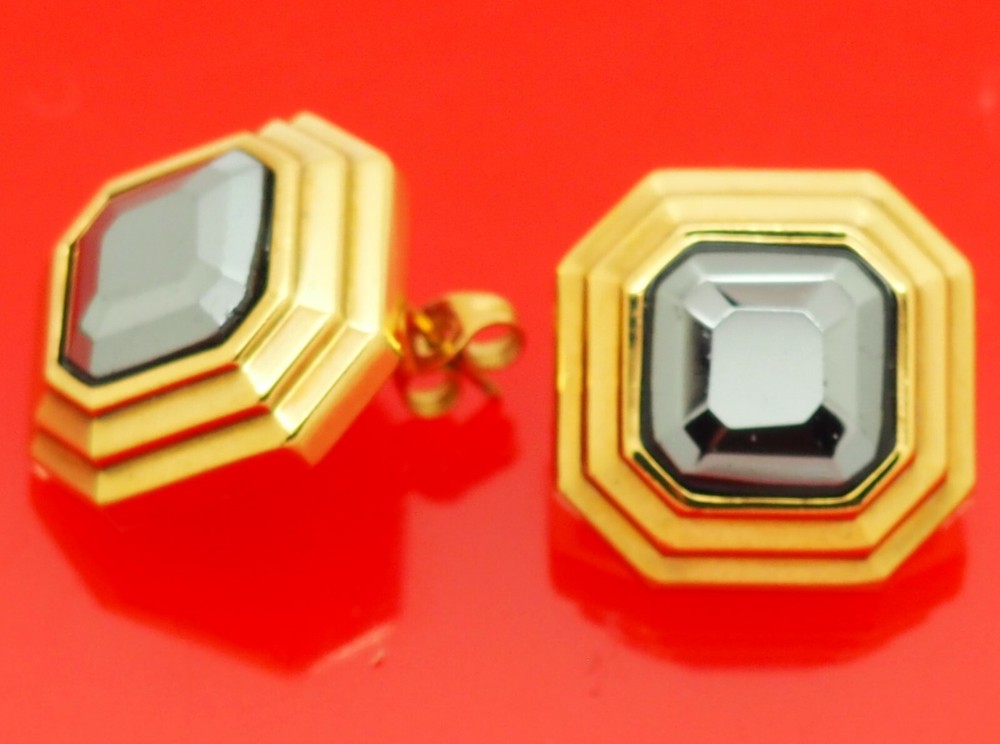 Vintage Lanvin Germany Octagonal Gold Plate w/ Hematite Pierced Earrings Rare
