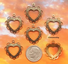 #0274 ANTIQUED GOLD OPEN LACY HEART W/TOP HANG RING – 6 Pc Lot