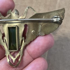Art Nouveau Deco Egyptian Revival Winged Scarab Brass Green Stones Brooch Pin