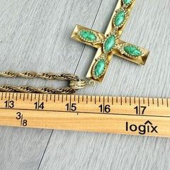 Vintage Whiting Davis Gold Tone Chunky Cross Faux Stones Long Pendant Necklace