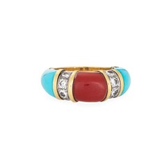 70s Vintage Turquoise Coral Diamond Band Sz 5 Ring 18k Yellow Gold Fine Jewelry