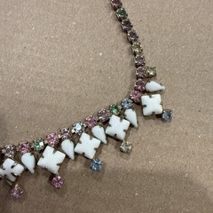 White Milk Glass Rhinestone Pastel Pink Green Blue Yellow Necklace